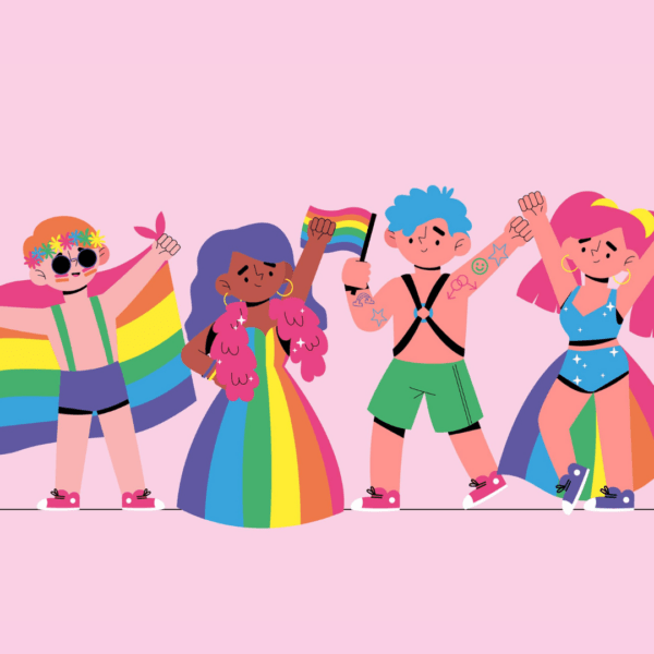 illustratie van mensen van verschillende genders gehuld in pride kleuren en zwaaiend met pride vlaggen